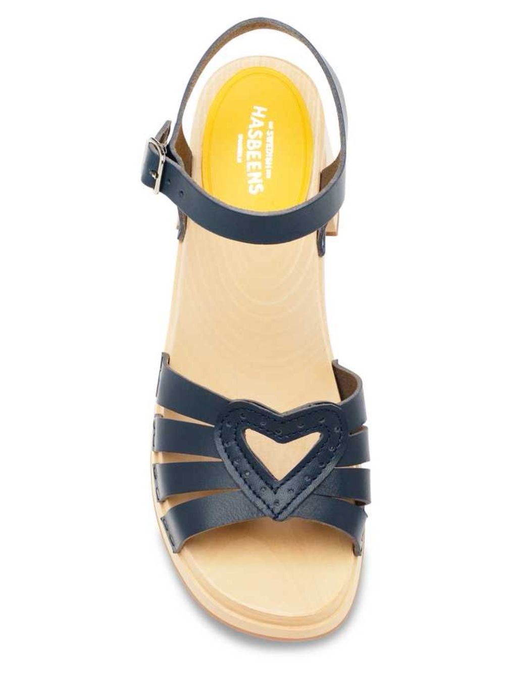 Swedish Hasbeens Navy Heart Medallion Leather Ankle-Strap Heeled Sandal